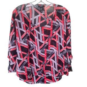 Alfani Geometric Top Pullover Layered Flowy Blouse w/ Attached Tank M Red Black